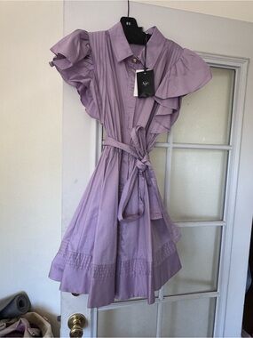 Aje Lilac Ruffle Tie-Waist Mini Dress